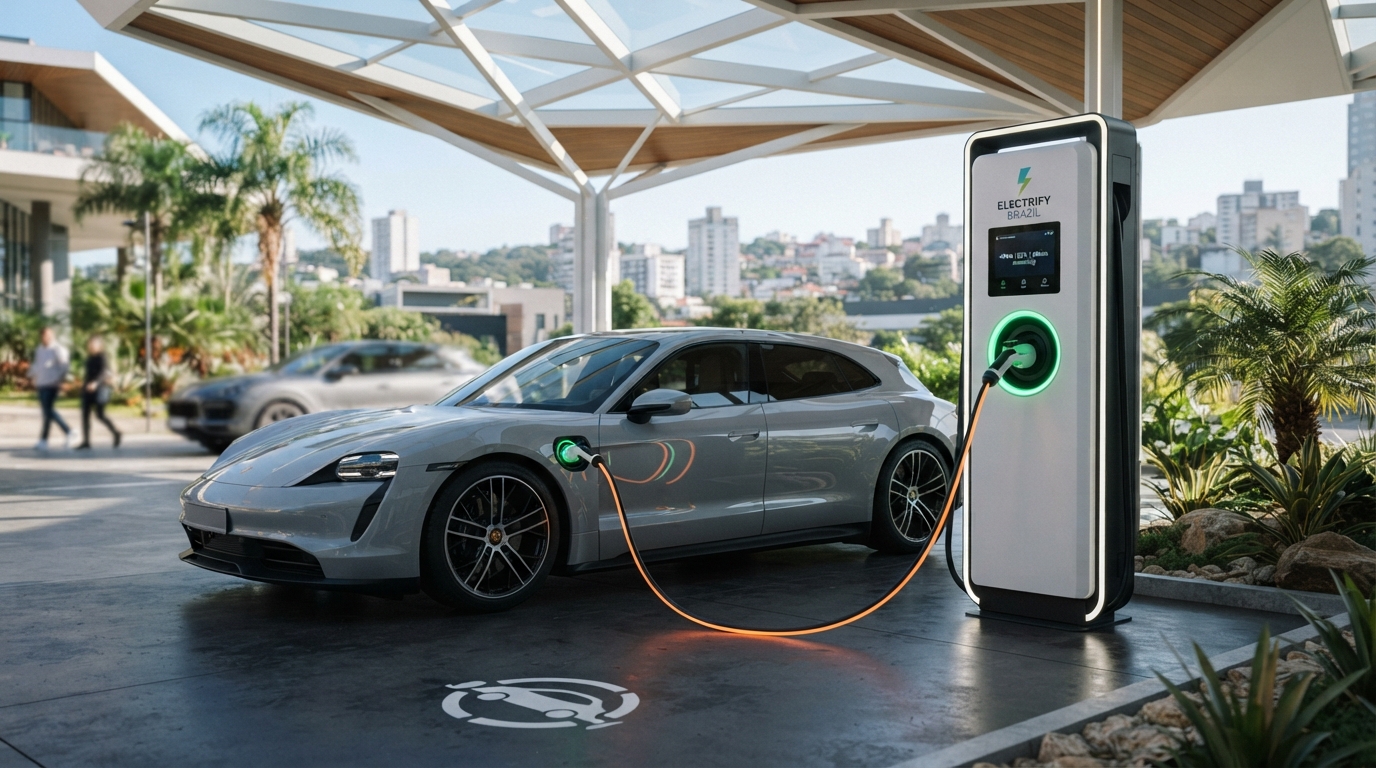 Carro elétrico prata carregando em uma estação de recarga urbana ao ar livre